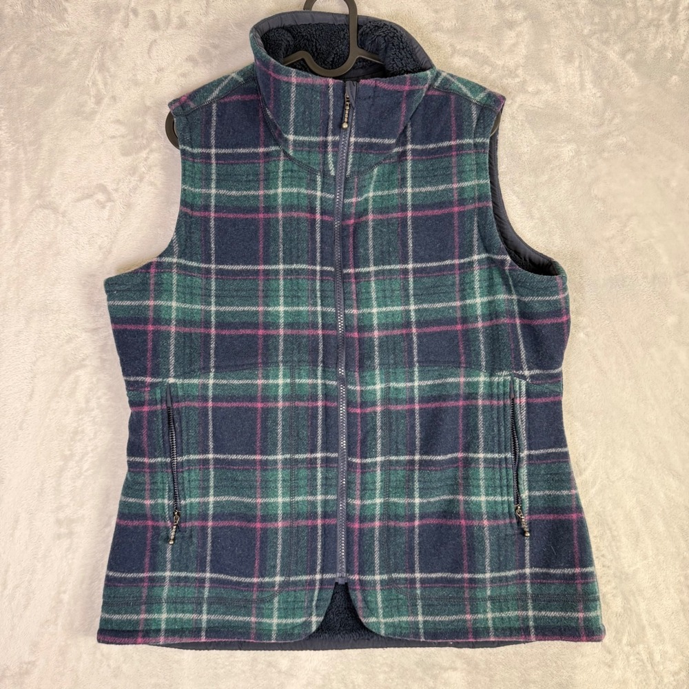 Woolrich Fleece Vest Womens L Navy Green Plaid Sherpa Lined Full Zip Outdoor